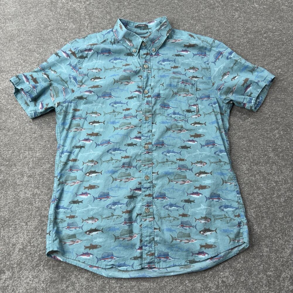 Eddie Bauer Mens Fish Print Button Shirt Teal Cotton Classic Fit Short Sleeve M